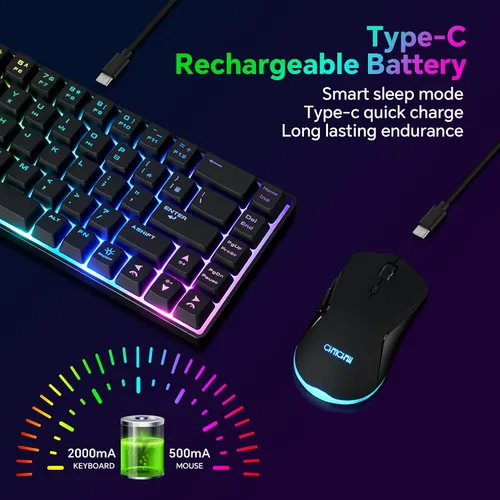 Vista 2 de CHONCHOW Combo de teclado y mouse inalámbricos 60 % para juegos, retroiluminación RGB recargable con luz LED, mouse y teclado inalámbricos
