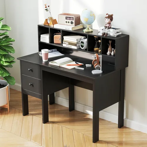 Vista 2 de COSTWAY Escritorio con puertos de carga USB y tomas de corriente, escritorio de computadora de 48 pulgadas con cajones y gabinete de 5