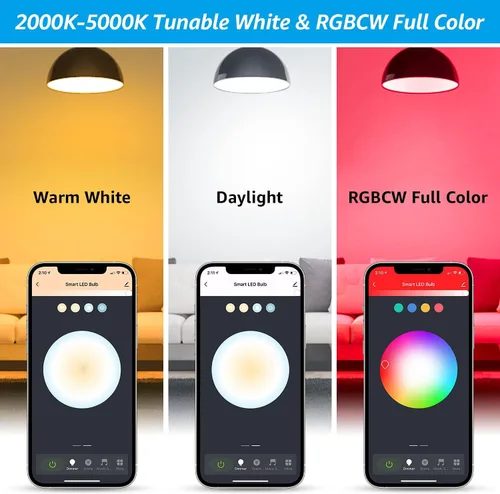 Vista 4 de TORCHSTAR Bombillas inteligentes A21, WiFi y Bluetooth, compatibles con Alexa, Echo y Google Home, bombilla LED inteligente RGBCW 2000K-5000K,