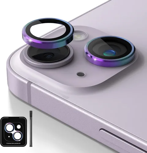 Vista 12 de Protector de lente de cámara de diseño para iPhone 14 Plus/iPhone 14 – Bandeja automática de aleación de aluminio más 9H protector de pantalla