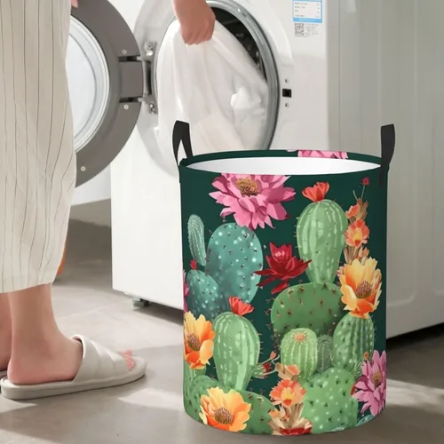 Vista 7 de Cesto circular con estampado floral de cactus, impermeable, cesta organizadora de lavandería, con asas, para ropa, juguetes, pequeña