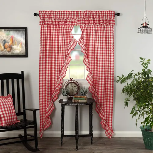 Vista 18 de VHC Brands Annie Buffalo - Cortinas de cocina de algodón a cuadros con bolsillo para barra, cordón de amarre con volantes, par de botes de pradera