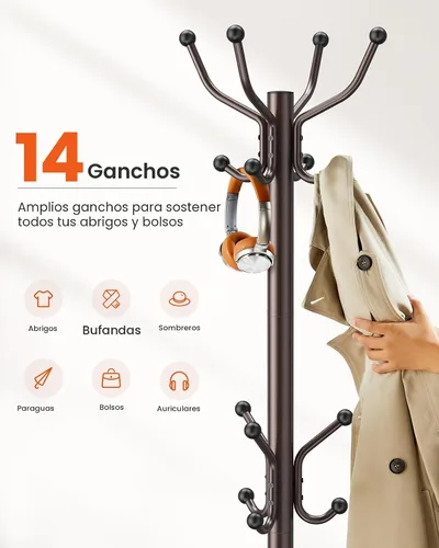 Vista 3 de Pipishell Perchero con 14 ganchos, soporte de perchero independiente para entrada, pasillo, dormitorio y oficina, árbol de abrigos de metal
