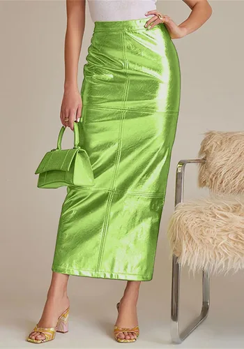 Vista 2 de YOOTIKO Falda de cuero metálica para mujer, cintura alta, entallada, casual, para trabajo, falda larga con abertura, elegante