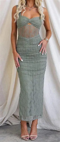 Vista 4 de Vestido sexy sin mangas con paneles de malla acanalada y volantes fruncidos para mujer