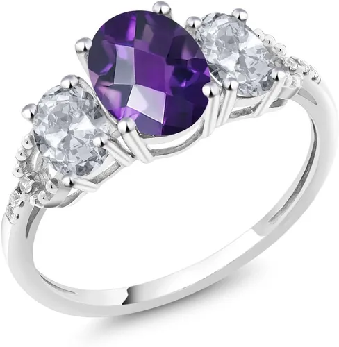 Vista 36 de Anillo de compromiso ovalado de oro blanco de 10 quilates con piedra natal y topacio blanco de 3 piedras con detalles de diamante Centro de 0.315