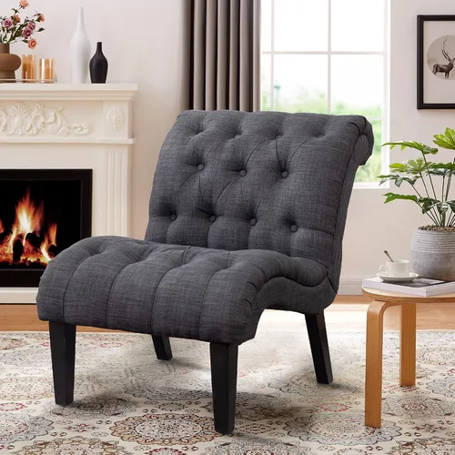 Vista 13 de Silla decorativa de piel sintética negra moderna con botones capitoné tapizada sin brazos para dormitorio, sala de estar con patas de madera Silla
