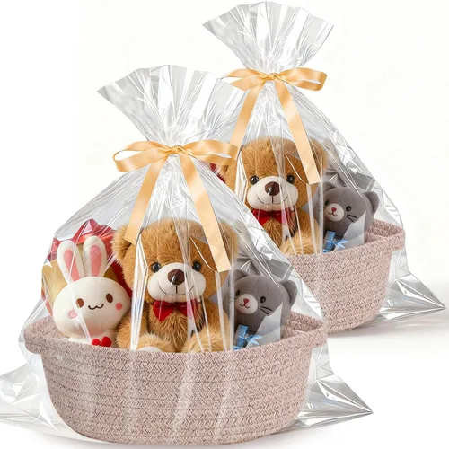 Vista 14 de Cesta para regalos vacía, pequeña cesta tejida con bolsas y cintas, cestas de juguetes para bebé con asas, contenedor de almacenamiento de mimbre