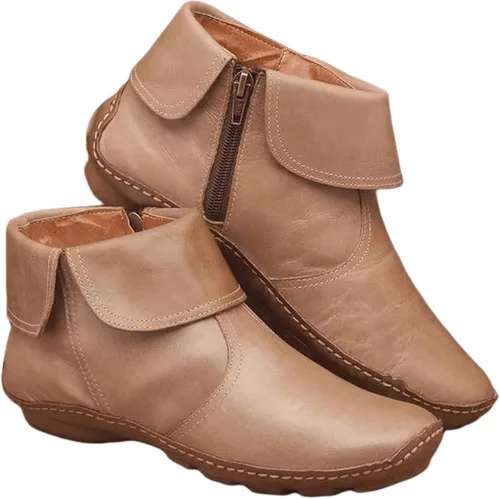 Vista 3 de Ladmiple Botas de tobillo para mujer, sin tacón, casual, con cremallera lateral, botas cortas vaqueras occidentales, zapatos para caminar