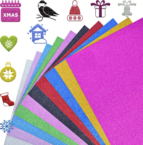 Vista 13 de FEILIBAY 20 hojas de papel de cartulina negra con purpurina, tamaño A4, para manualidades, decoraciones de cumpleaños y bodas, caja de regalo