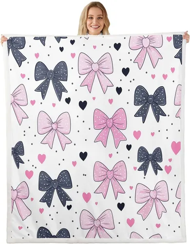 Vista 30 de Manta de franela de forro polar con lazos rosados femeninos de 40 x 50 pulgadas, manta mullida de corazones para el día de San Valentín para sofá