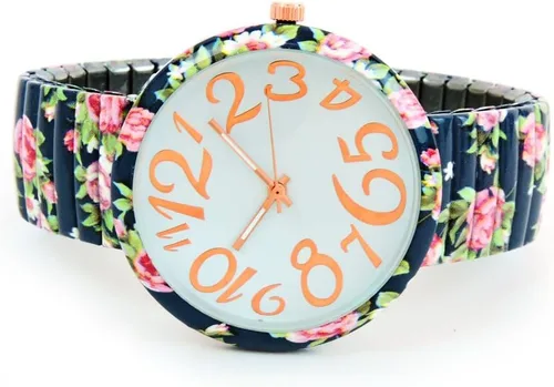 Vista 4 de Azul marino rosas estampado floral cara grande fácil de leer banda elástica extensión reloj de mujer, Movimiento de cuarzo