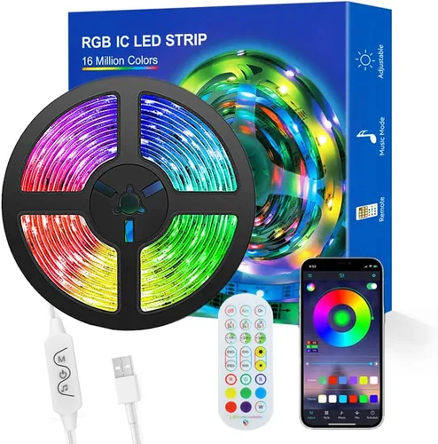 Vista 10 de WS2812b - Tira de luces LED direccionables individualmente de 9.8 pies, 30 píxeles/m, luces LED inteligentes, aplicación Bluetooth, control remoto