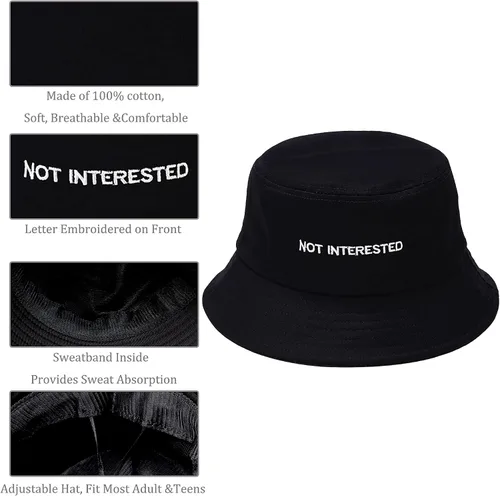 Vista 5 de Sombrero de pescador unisex de algodón bordado, plegable, para viajes, playa, para mujeres y hombres (no está interesado, negro), No Interesado Negro