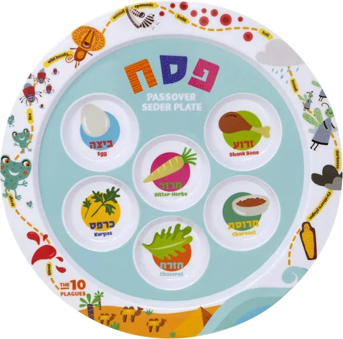 Vista 6 de The Dreidel Company Plato Seder de melamina de Pascua infantil con diseño de 10 plagas, Kaarah tradicional para pesaj de 9 pulgadas (paquete de 3)
