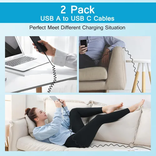 Vista 7 de Cable USB C para Android Auto Samsung de carga rápida para automóvil, paquete de 2 cables C en espiral de 3 pies, cable retráctil USB tipo C a USB A