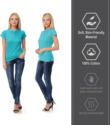 Vista 5 de FRESH TEE Polo de manga corta para mujer 100% algodón slim fit (XL, turquesa), Turquesa