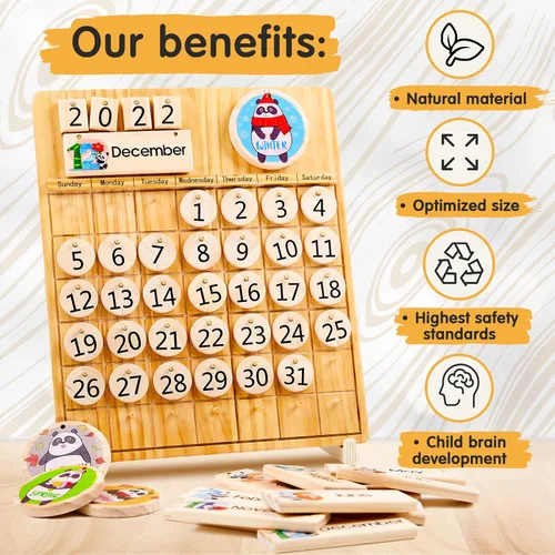 Vista 7 de Panda Brothers Calendario perpetuo de madera, juguete Montessori para niños, temporadas de aprendizaje, meses y días del año, calendario preescolar