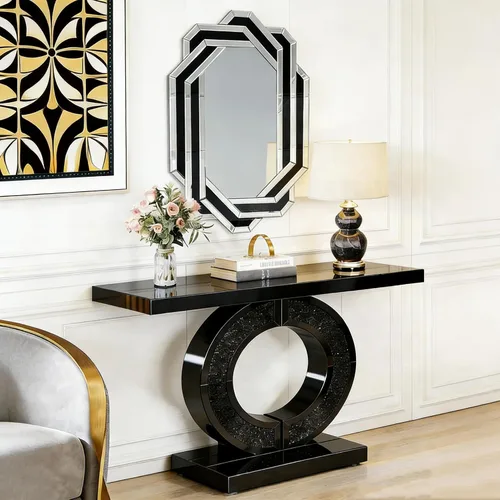 Vista 23 de SSLine Mesa de consola negra con espejo para sala de estar, mesa de entrada moderna de espejo de 43 pulgadas con base de cristal en forma de O