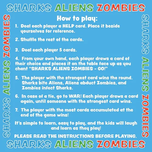 Vista 5 de Sharks Aliens Zombies: divertido juego de cartas para niños jugado como tijeras de papel de roca, guerra para la familia, juego de noche, regalo