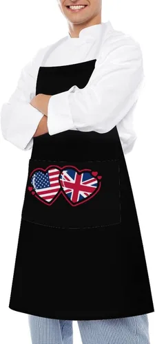 Vista 4 de Delantales de corazón con bandera estadounidense y británica para hombres/mujeres, delantales impermeables para adultos, delantales para el hogar