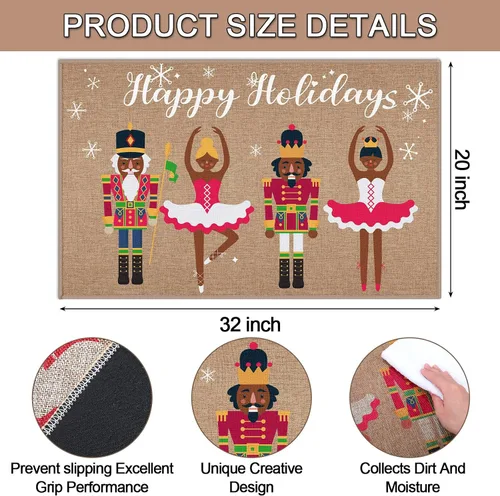 Vista 3 de Drydiet Tapete de Navidad con cascanueces afroamericanos, tapete antideslizante para puerta de bienvenida, feliz día festivo, entrada exterior