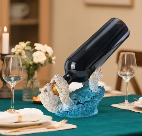 Vista 5 de VVGIFTS Figura decorativa de tortuga marina, figura de tortuga marina para sostener botellas de vino, diseño de arrecife de coral, decoración