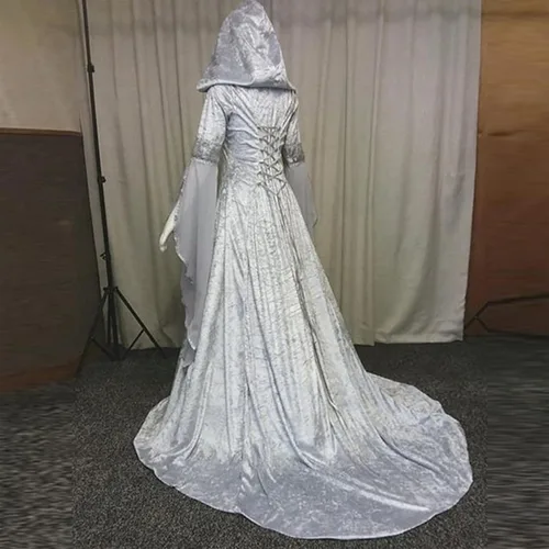 Vista 3 de YSLMNOR Disfraz medieval para mujer, corsé de Halloween, vestido gótico renacentista, talla grande, vestido de fiesta de manga acampanada, ropa