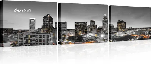 Vista 33 de 3 paneles de Atlanta Skyline vista de la ciudad en blanco y negro, imágenes panorámicas de edificio de ciudad, decoración de pared para sala