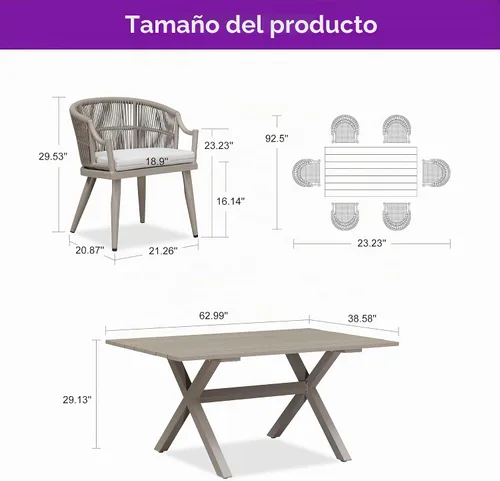 Vista 2 de PURPLE LEAF Juego de comedor de patio para 6 respaldos ergonómicos y cojín Champán