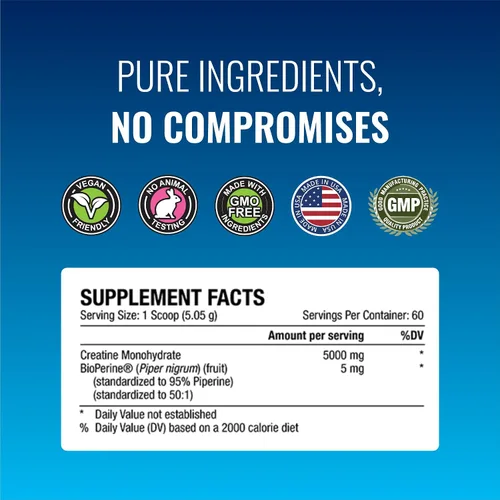 Vista 4 de Approved Science Monohidrato de creatina en polvo – con BioPerine – Apoya la fuerza, el músculo magro y la recuperación – 0.18 oz por porción
