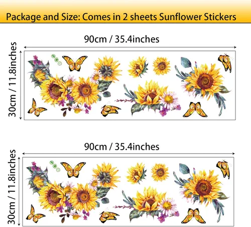 Vista 5 de Calcomanías de pared de girasol de acuarela, creativas calcomanías de pared de flores amarillas 3D, calcomanías de mariposa de sol para despegar
