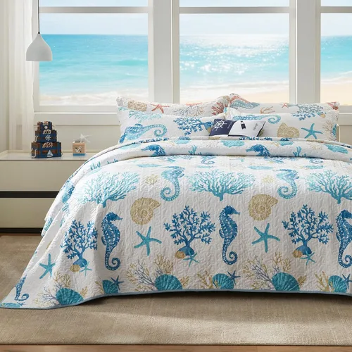 Vista 9 de LEAONME Coastal Juego de Edredón Tamaño Twin - Colcha Reversible de Microfibra Ligera, 68''x86'', Coral, Incluye 1 Funda de Almohada
