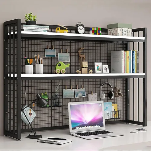 Vista 11 de Estantería de escritorio de 2 niveles para escritorio de computadora, pantalla ajustable, estantería de madera para encimera, estante de escritorio