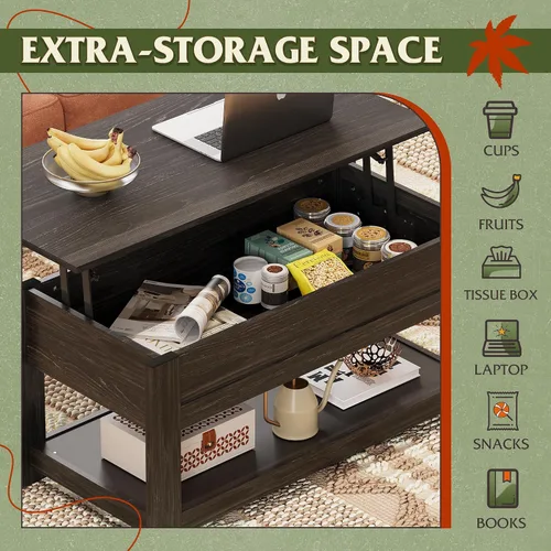 Vista 4 de WLIVE - Mesa de café, mesa de centro de 39" con parte superior elevada, compartimento oculto y estante de almacenamiento para sala de estar