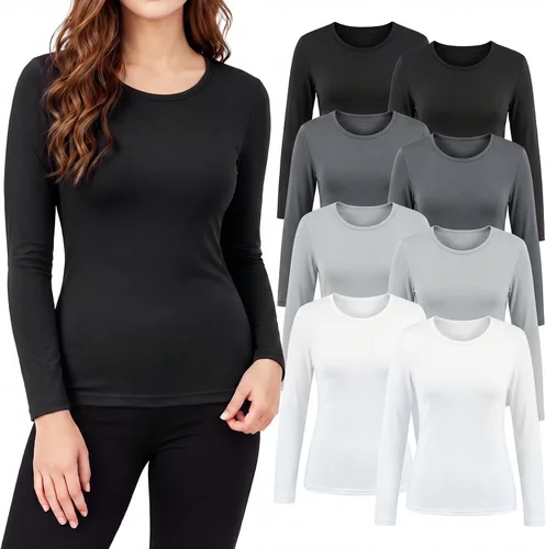 Vista 10 de Jecery 8 piezas de camisas térmicas de manga larga a granel para mujer, conjunto de camiseta térmica de cuello redondo, ropa interior de invierno