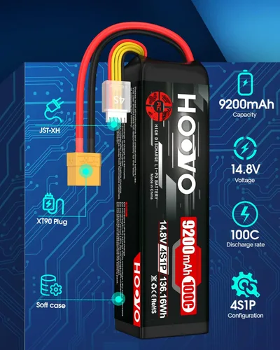 Vista 2 de HOOVO 4S Lipo - Batería 9200mAh 14.8V 100C con enchufe XT90, placas de metal, funda suave para RC Truck Truggy Buggy Tank RC Car Racing Hobby