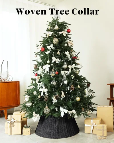 Vista 2 de Collar de Árbol de Navidad Rústico de Granja - Decoraciones de Navidad para Interiores - Cubierta Base de Mimbre Tejido de 28 Pulgadas para Árboles