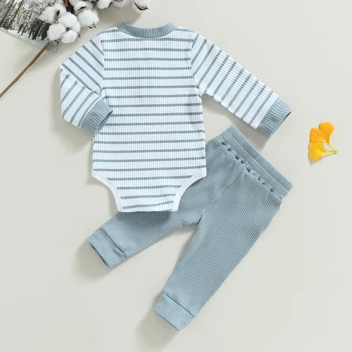 Vista 7 de Ropa de bebé recién nacido, ropa de punto acanalado, manga larga, pantalones de algodón sólido, trajes de otoño e invierno, 2 piezas
