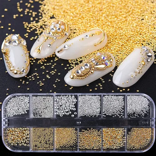 Vista 5 de 2 cajas de perlas para arte de uñas, perlas de espalda plana, cuentas de caviar doradas y plateadas, abalorios de metal de acero 3D, perlas