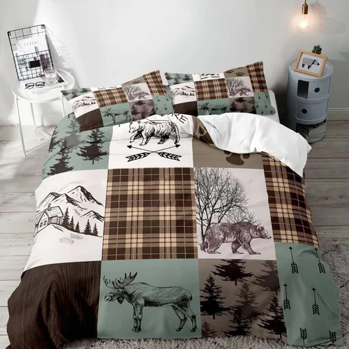 Vista 10 de LUVIVIHOME 2 piezas de funda de edredón con diseño de osos, alces y ciervos en negro, juego de cama individual, ropa de cama rústica de estilo La