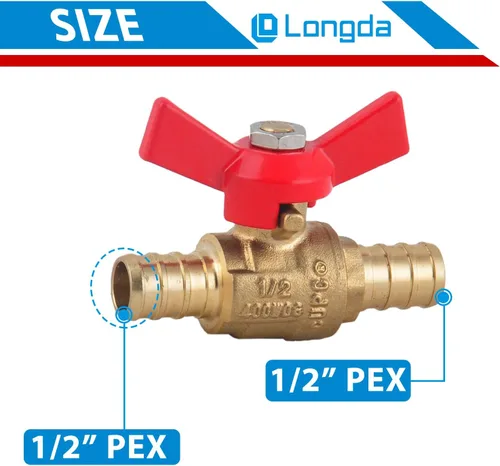 Vista 3 de Cierre de agua de puerto completo, válvula de bola de latón PEX de 1/2 pulgada, mango de 1/4 de giro, válvula de agua PEX con certificado