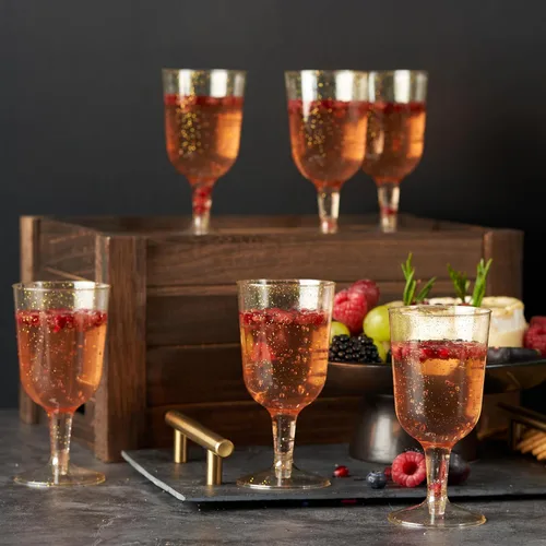 Vista 6 de MATANA 100 copas de vino de plástico, purpurina dorada de 6 onzas – Copas de vino doradas – Copas de vino – Cálices de plástico elegantes
