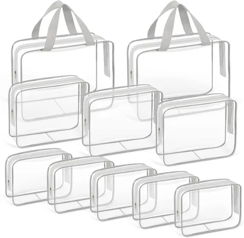 Vista 7 de TISRATOK Neceser de maquillaje transparente de viaje de 10 piezas, plástico PVC cosmético aprobado por la TSA Kit organizador con bolso con Negro