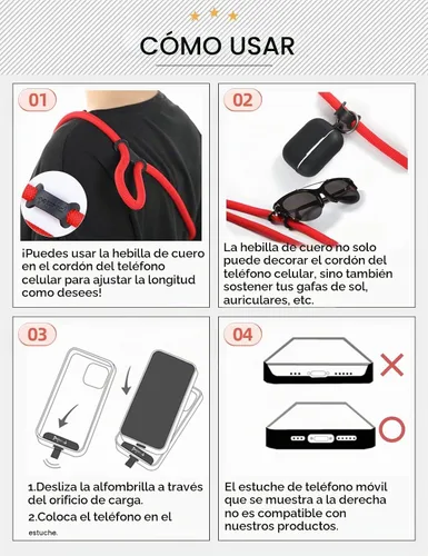 Vista 5 de Cordón para teléfono celular ×1, Pestaña de sujeción ×2, Correa de teléfono ajustable universal, Cruzada, Cordón para el cuello, Correa de cuerda