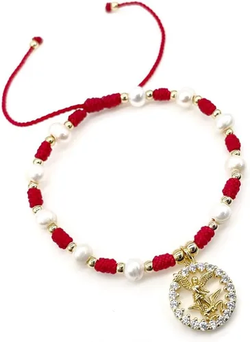 Vista 4 de Medalla colgante de arcángel de San Miguel en cordón ajustable de marfil y perlas de agua dulce pulsera ajustable