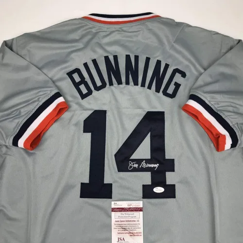 Vista 2 de Camiseta de béisbol gris Jim Bunning Detroit con Autógrafo y Firmado JSA COA