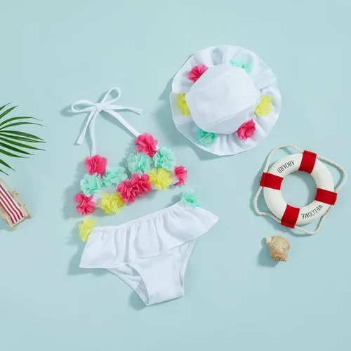 Vista 3 de Yccutest Traje de baño de flores para bebé, 3 piezas, parte superior triangular, parte inferior con volantes, sombrero para el sol, conjunto