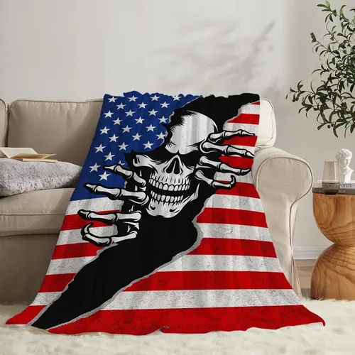 Vista 3 de Manta de Vellón de Esqueleto Gótico Mantas Horribles de Calavera para Niñas y Niños Súper Suave y Cálida de Franela Mantas de Bandera Estadounidense