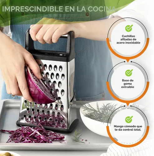Vista 3 de Spring Chef Rallador Profesional de Queso - Acero Inoxidable, Tamaño XL, 4 Lados - Rallador de Caja Perfecto para Queso Parmesano, Verduras, Negro